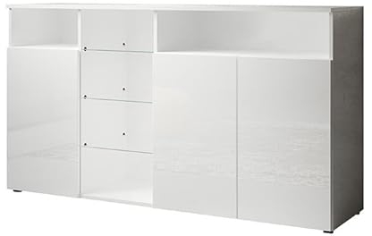 MB Muebles Bonitos | Sideboard Wohnzimmer | Breite 150 x Höhe 82 x Tiefe 40 cm | Modern | Farbe Weiß mit Hochglanz Finish | 3 Türen | LED | Wohnzimmer TV Schrank | Modell Clark L
