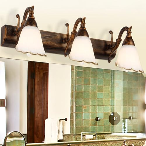 E14 lampada a specchio rustica oro nero luce da bagno annata in vetro industriale a LED antica Luce specchio da bagno in stile europeo applique parete per bagno toilette guest house, 3 luci, L46cm