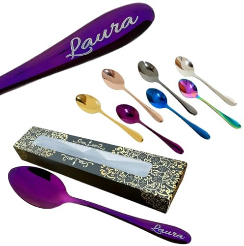 Personalised Stainless Steel Tea Spoons, Engravable, Gift Boxed, Dishwasher-Safe, Colours: Silver, Black, Blue, Rainbow, Gold, Rose Gold, Purple