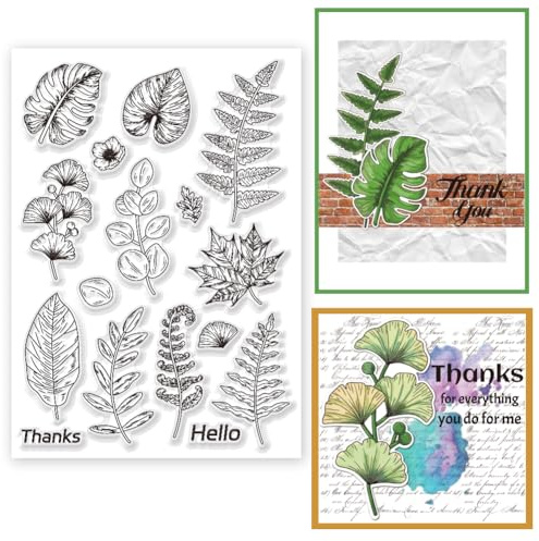 INFUNLY Transparente Stempel Mit Blättern Zum Gestalten von Karten Größe A4 Ginkgo-Stempel Aus Silikon Mit Tropischen Pflanzen Transparente „Thanks Hello“-Siegelstempel Für Die Gestaltung von Urlaubsk
