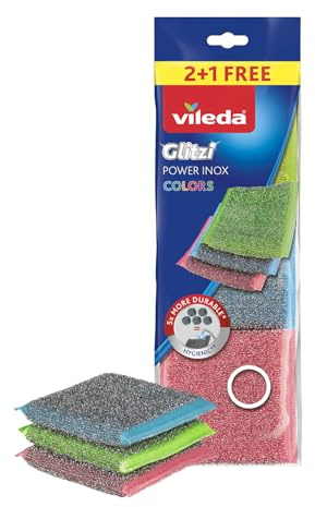 Esponja Vileda Glitzi Power INOX Colors | Esponjas coloreadas | Exterior de Acero Inoxidable | Altamente higiénicas | Limpieza excepcional | Duraderas y Resistentes | Elimina Suciedad y residuos