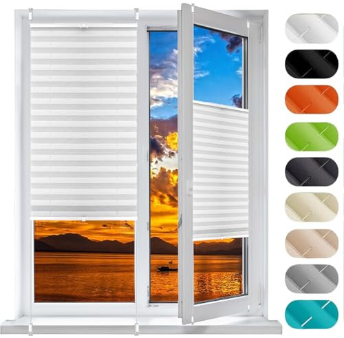 Jalousien Fenster Raffrollo, Fenster Plissee 74 x 85 cm, Nach Maß Qualität Ohne Bohren, Plissee Ohne Bohren Klemmfix Rollo, Fenster Plissee Ohne Bohren, für Fenster & Tür, Weiß