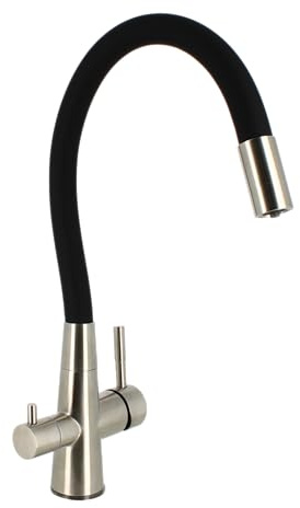 Bellerofonte Rubinetto 3 Vie con Canna Flessibile Nera in Acciaio Inox Satinato per Cucina