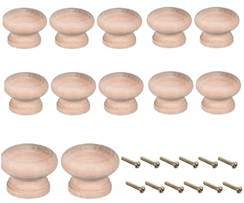 Yuiturt 12Pcs Wooden Knobs | Natural Solid Wood Round Mushroom Drawer Handles and Door Knobs | Ideal for Cabinets, Cupboards, Wardrobes, Dressers, and Home Furniture Upgrades