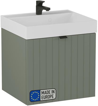 BadeDu Esla Waschbecken mit Unterschrank – 50 cm Breit, Gussmarmor Waschbecken in Weiß mit Waschbeckenunterschrank in Grün, 2 Schubladen mit Soft-Close-System