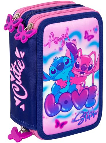 Clondo Mädchen Federmäppchen 3-Fach gefüllt, Für Stitch und Angel Fan, 45-TLG., Rosa, Radierbare Gelstifte, Filzstifte, Buntstifte, Schere, Kleber, Mit Reißverschlussfächern