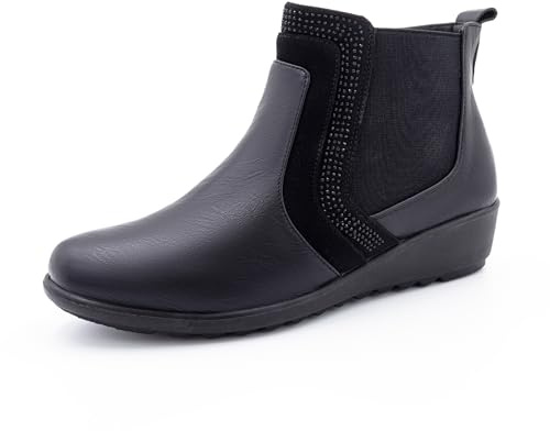 Cushion Walk Women's EEE Extra-Wide Fit Diamante Trim Low Wedge Zip-up Chelsea Ankle Boots (8 UK, Black)