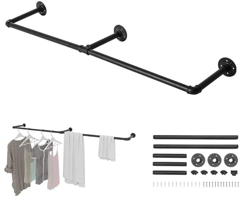200cm Kleiderständer für die Wand Industrielle Kleiderstange zur Wandmontage Robuste Garderobenstange aus Metallrohr Platzsparend Wandhänger für Flure Wohnzimmer Schlafzimmer (Schwarz)