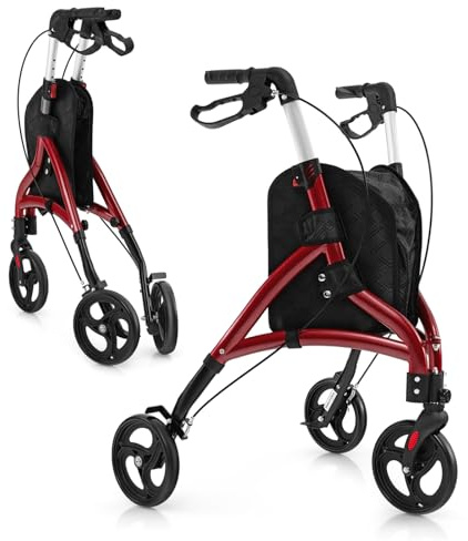 GYMAX Lightweight Rollator Walkers, Foldable Tri Walking with Adjustable Handle, Large Shopping Bag and Lockable Brakes, Medical Walking Aid for Seniors & Disabled (Red)