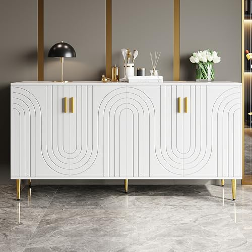 Merax White Sideboard for Living Dining room Sideboard Storage Cabinet with 4 Doors, with unique wave design, golden handles and feet, anti-tip device, 40 x 152 x 75 cm