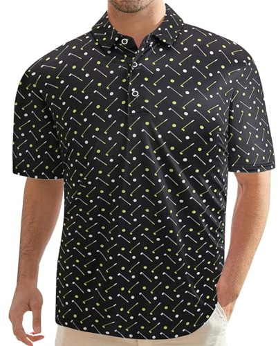 Generisch Camiseta deportiva suelta de manga corta con estampado de solapa informal para hombre, Negro , L