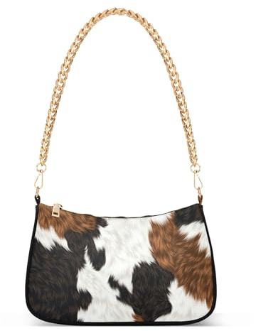 Bolso de mano con estampado de vaca, color marrón y blanco, para mujer, bolso de hombro informal con cierre de cremallera y correa de cadena
