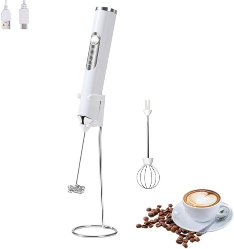Handheld Electric Milk Frother with 2 Heads, Coffee Whisk Foam Mixer with USB Rechargeable 3 Speeds, Foam Maker Blender for Latte, Cappuccino, Hot Chocolate, Egg (White with Stand)