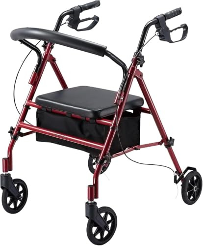 JupiterJX Lightweight Folding Rollator, Aluminium Rollator with Seat and Wheels – Four Wheels Disability Aids Walkers, Lockable Brakes Mobility Walker for Elderly Disabled 110KG Capacity (Red)