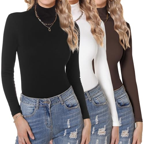 Aottori Pack 3 Camiseta Cuello Alto Mujer Manga Larga | Básico, Top, Elegante, Ropa Interior, Blusa, Shirt, Ajustado, Elástico, Sólido, Ligero, Casual, Túnica
