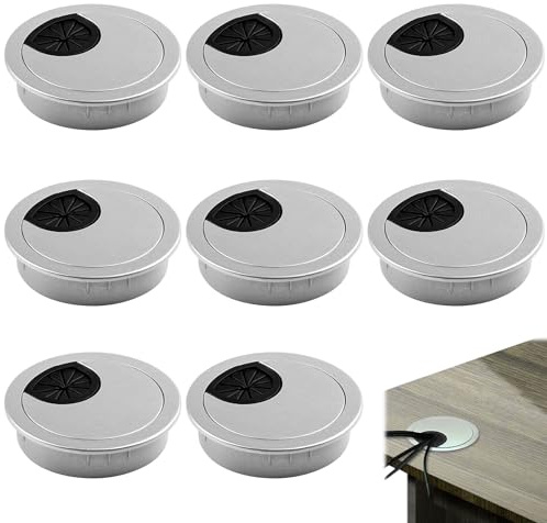 8 Pcs 60mm Desk Cable Grommets, Silver Desk Hole Covers, De-sk Metal Cable Hole, Round Table Ca-ble Ho-le Cover for Office & Computer Worktops