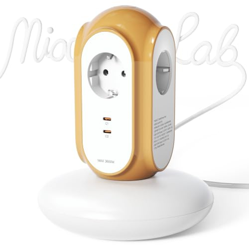 MiaoLab Regleta Eléctrica en Torre con 3 Tomas AC y 2 USB-C (Carga Rápida 30W), 3680W/16A, Protección contra Sobretensiones 1420J, Cable de Extensión 2 m, Protección contra Sobreca (Beige Toscano)