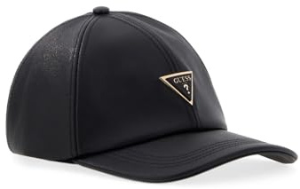 GUESS Baseballmütze aus schwarzem Kunstleder mit dreieckigem Logo aus Metall, verstellbar