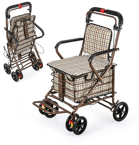 GreenWhim Foldable Shopping Trolley with Seat for Elderly, 27L Rolling Grocery Cart with Backrest, 4 Wheels with Brakes, Removable Bag, Lightweight Sit & Rest Trolley