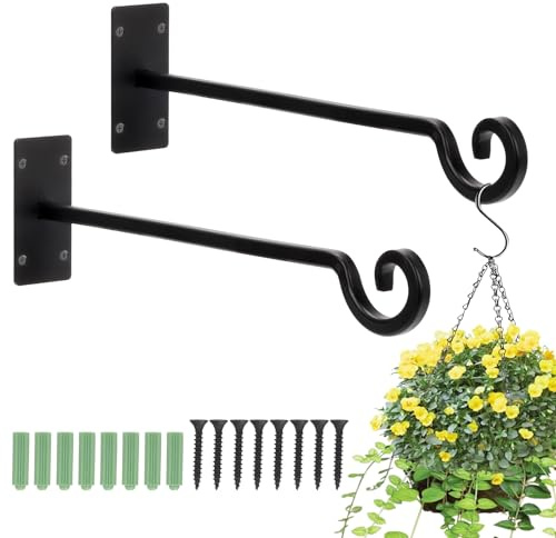 2er Pack Blumenampel Halterung 30cm, Robuste Pflanzenhalterung Wand mit Schrauben, Wandhaken für Hängepflanzen, Rostfreier Metall Haken für Laternen, Vogelhaus, Windspiel, Balkon & Garten, Schwarz