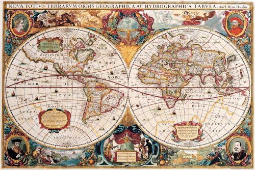 Landkarten - Antike Weltkarte - Educational Plakat, Maxi-Poster, Druck, Poster - Grösse 91,5x61 cm + 2 St Posterleisten Kunststoff 93 cm schwarz