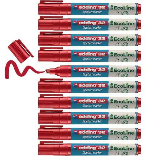 Edding 32 Ecoline marcatore per lavagna a fogli mobili - rosso - conf. 10 pz. - punta a scalpello 1-5 mm - pennarello per scrivere, disegnare su carta - non trapassa - non si secca - ricaricabile