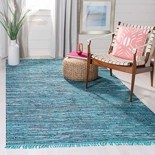 SAFAVIEH Rag Rug Collection Area Rug - 4' Square, Blue & Multi, Handmade Boho Stripe Cotton, Ideal for High Traffic Areas in Living Room, Bedroom (RAR121B)