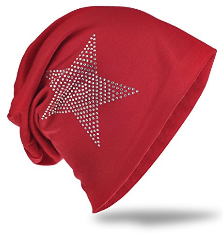Miobo Jersey slouch beanie lång mössa stjärna med strass applikation unisex enfärgad män kvinnor trend, Vinröd, En Storlek