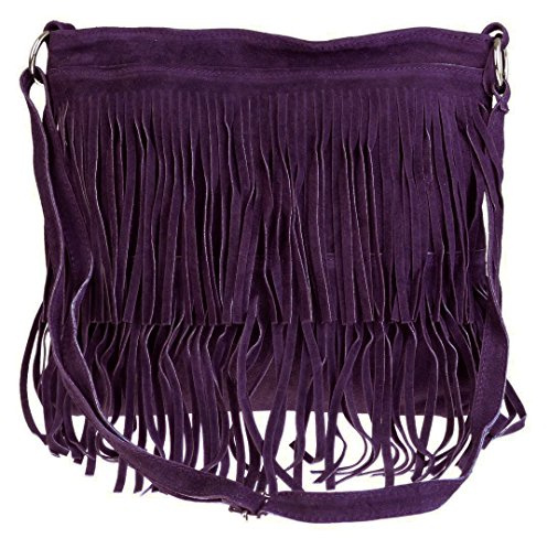 Girly Handbags Womens Large Genuine Suede Fringe Shoulder Bag Crossbody - Dark Purple