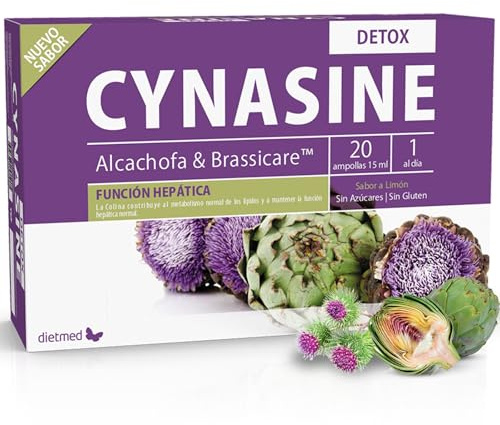 Detox Natural y Función Hepática - Con Cardo Mariano, Alcachofa y Brassicare™ - Colina y Vitamina C - 20 Ampollas Sabor Limón - Dietmed Cynasine Detox
