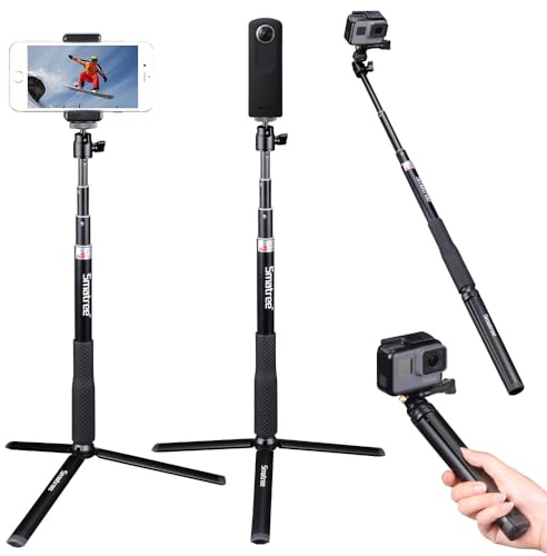 Smatree Telescoping Selfie Stick with Tripod Compatible for Insta360 X5, for GoPro Hero 13/12/11/10/9/8/7/6/5, for OSMO 5 Pro/4/3/Ricoh Theta, Compact Camera and Phone