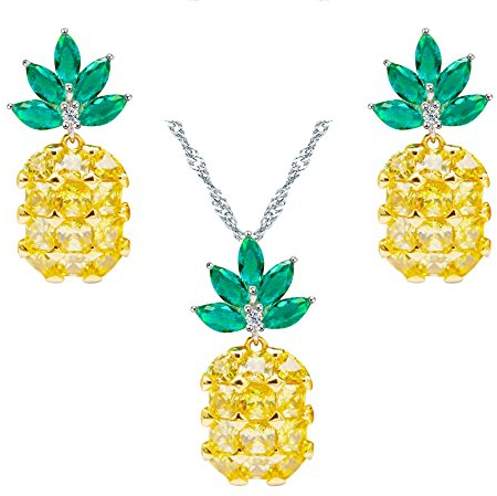 Uloveido Charm Obst Schmuck Set Sommer Geschenk - Cute Gelb/Grün Ananas Zirkonia Ohrstecker Kette Anhänger Halskette Set für Teen Mädchen PT001-Set