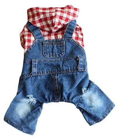Karohemd für Hunde Dog Overall Pullover Vier-Beine Bekleidung Bequeme Jeans Latzhose Hundekostüm T-Shirt mit Kapuze Haustier Jumpsuit für Welpen Kleine Hunde (M)