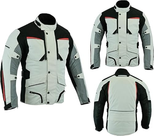 SiXsigma Sports Mens Waterproof Jackets CE Armoured Motorcycle Men's Jackets - Quick Dry Motorbike Jacket for Winter or Summer Riding - Textile Codura Fabric LIGHT GREY Colour (Large (40-42)