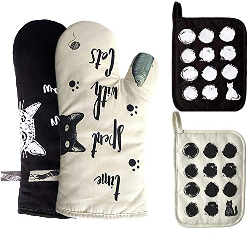 ZORR Guanti da Forno e 2 Presine in Cotone Gatto, Guanto Forno Resistenti al Calore per Cucinare e Cottura