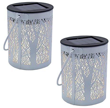 Lot de 2 lanternes solaires blanches métal ombre arbre forêt jeu de lumière LED blanc chaud FOREST H18cm
