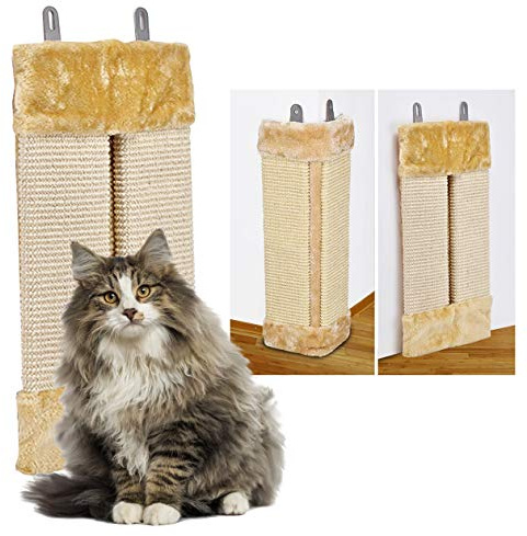 Oramics 2er Set 2in1 Katzen Kratzbrett für Wand und Ecke zum Aufhängen - Wandkratzbrett Eckkratzbrett aus Natursisal und Plüsch 50x23x3cm - Sisal Kratzmatte Kratzpad als Kantenschutz (Beige, 2 Stück)