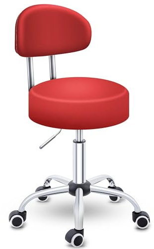 TRESKO® Rollhocker mit Lehne höhenverstellbar 10cm Dicke Polsterung Drehbar | Hocker 46-58cm | Arbeitshocker Bürohocker 360° mit Rollen | Drehhocker für Büro, Werkstatt, Kosmetik, Friseur, Praxis