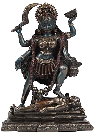 ARTVARKO Kalika Kaali Statue Kalika Kaali mit Shiva-Idol-Tempel, Puja-Skulptur aus Kaltgussharz, Bronze, 14 x 20 cm