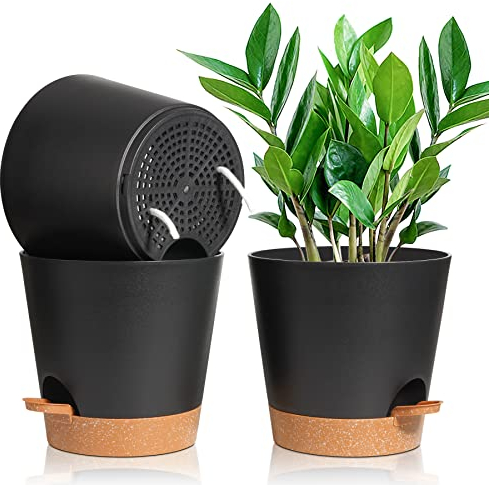 T4U 20cm Kunststoff Blumentopf mit Bewässerungssystem, 3er-Set Selbstbewässerung Blumentopf mit Untersetzer, Kräutertopf für Innen und Balkon Garten Pflanzen Sukkulenten Kaktus, Schwarz