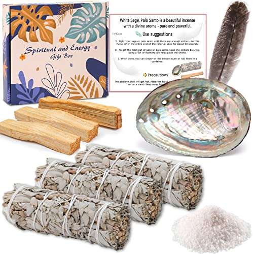 VIPNAJI Räucherset, Weißer Salbei Zum Räuchern X3, Palo SantoX3, Abalone-Muschel, Energetischen Reinigung, Beseitigt Negative Energien - Fördert die Meditation