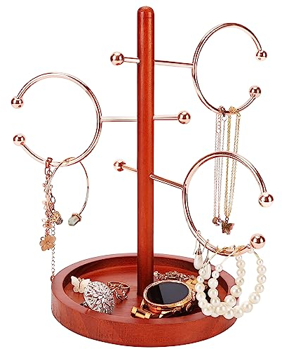 BELLE VOUS 4-Stufiger Schmuckständer Holz Jewelry Organizer - 26,5 cm Hoch - Schmuck Ständer mit Holzsockel & Metallstangen für Armbänder, Ohrringe, Halsketten, Ringe, Uhren & Ketten Aufbewahrung