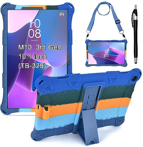 KATUMO Kinder Silikon Hülle für Lenovo Tab M10 (3rd Gen) 10.1 Zoll 2022 （TB-328FU/328XU） Schutzhülle mit Schultergurt und Stylus Pen Kinderfreundliche Bunt Cover Case für Lenovo Tab M10 3. Generation