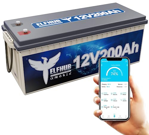 Elfhub 12V 200Ah LiFePO4 Autobatterie mit Bluetooth Eingebauter 200A BMS, 2560Wh Deep Cycle Lithium Batterie, 4000+ Zyklen, Ideal für Wohnmobil, Solar Trailer, Boot und Camping