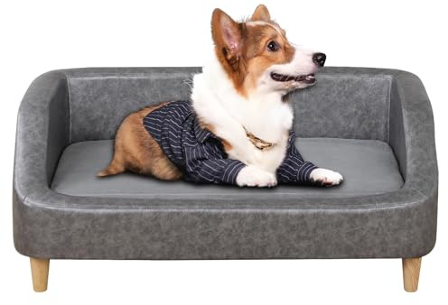 Luxury Pet Sofa Bed for Medium-Large Dogs & Cats, 3-Sided Bolster Design with Removable Cushion & Wooden Legs, Comfortable Pet Furniture for Indoor Use (Silver)