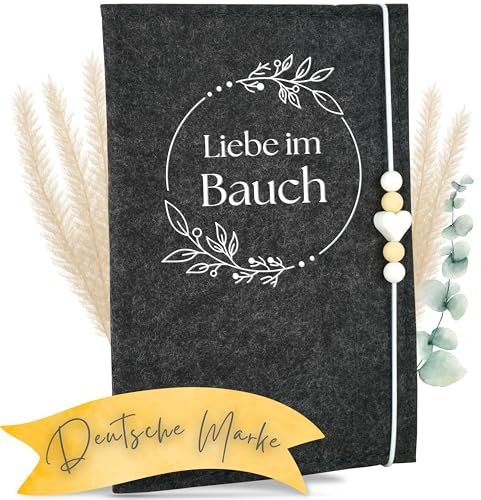 MAHEWA® Premium Mutterpasshülle aus Filz für den Deutschen Mutterpass - mit Fach für Ultraschallbilder und Kärtchen und Stift - Schutzhülle (Liebe im Bauch Design 2, Anthrazit)