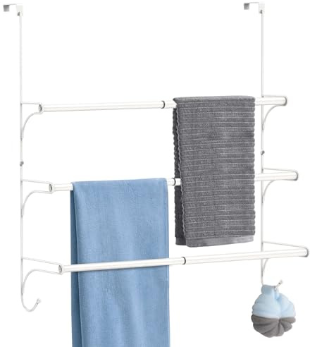 3 Tier Over the Door Towel Rail, Hanging Towel Rack for Bathroom, Adjustable Towel Holder with 2 Hooks for Storage Drying Towels Clothes, White