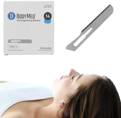 BodyMed Dermaplaning Blades #14 in Stainless Steel, 100 PCS - Sterile for Surgical, Skin Care, and Podiatry Procedures with Straight Tipped Blade for Estheticians