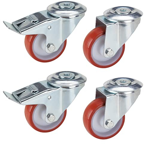 Dörner + Helmer Set of 4 Transport Equipment Swivel Castors 80 mm PU, Back Hole 10.2 mm, Roller Mix, Load Capacity 400 kg/Set