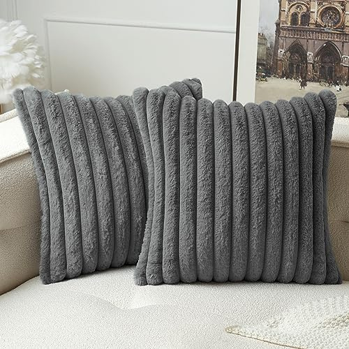MIULEE 2er Set Kissenbezug 45×45cm Breitstreifen Plüsch Grau | Polyester Plüsch Weich Kuschelig Pflegeleicht Dekorativ für Sofa Wohnzimmer Schlafzimmer Kinderzimmer und Gästezimmer